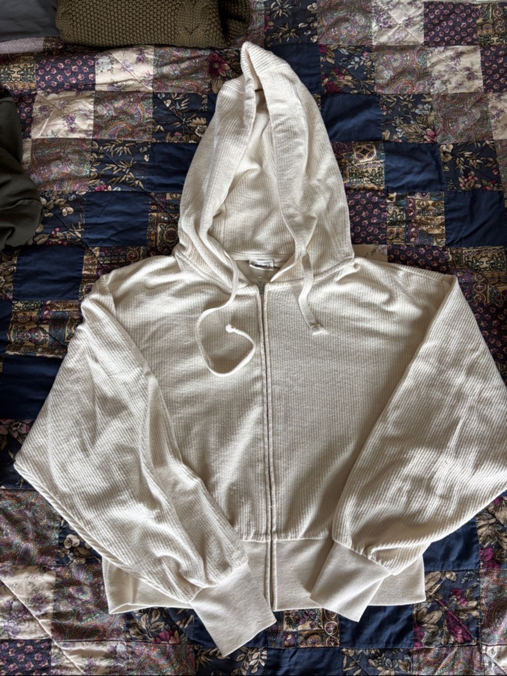 Cream Waffle Knit Zip Hoodie